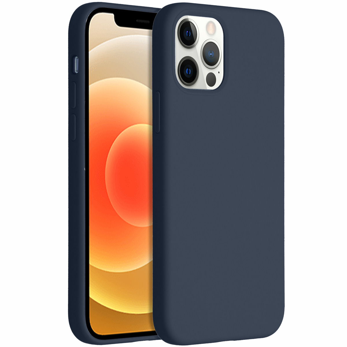 Een marineblauwe telefoonhoes staat naast een iPhone. De telefoon heeft een scherm met een oranje en witte achtergrond.