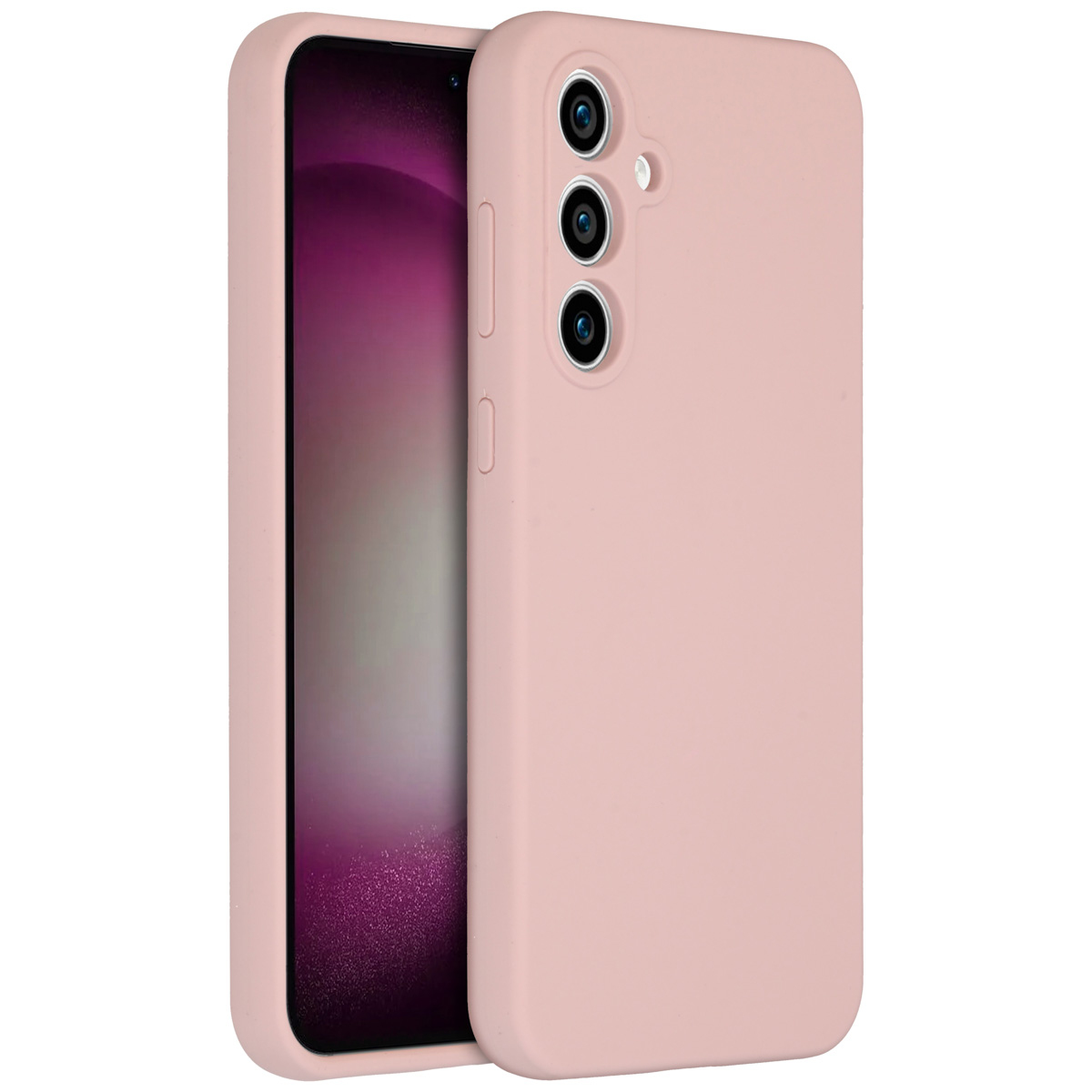 Een roze telefoonhoesje met een telefoon erin. De hoes heeft drie cameralenzen. Het scherm toont een paarse gradiënt.