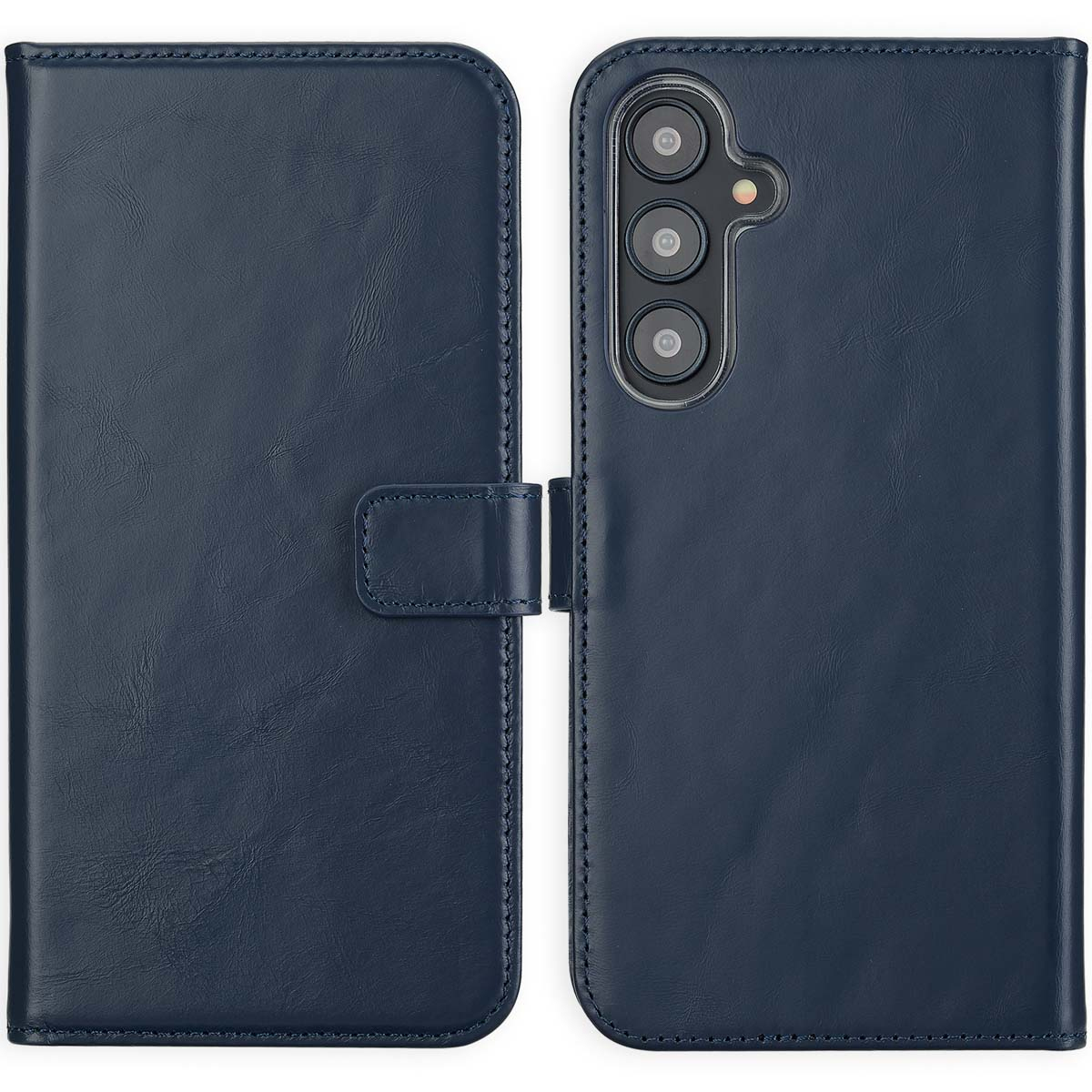 Marineblauwe leren telefoonhoes, open. Het heeft een flap met magnetische sluiting en ruimte voor de camera van de telefoon.