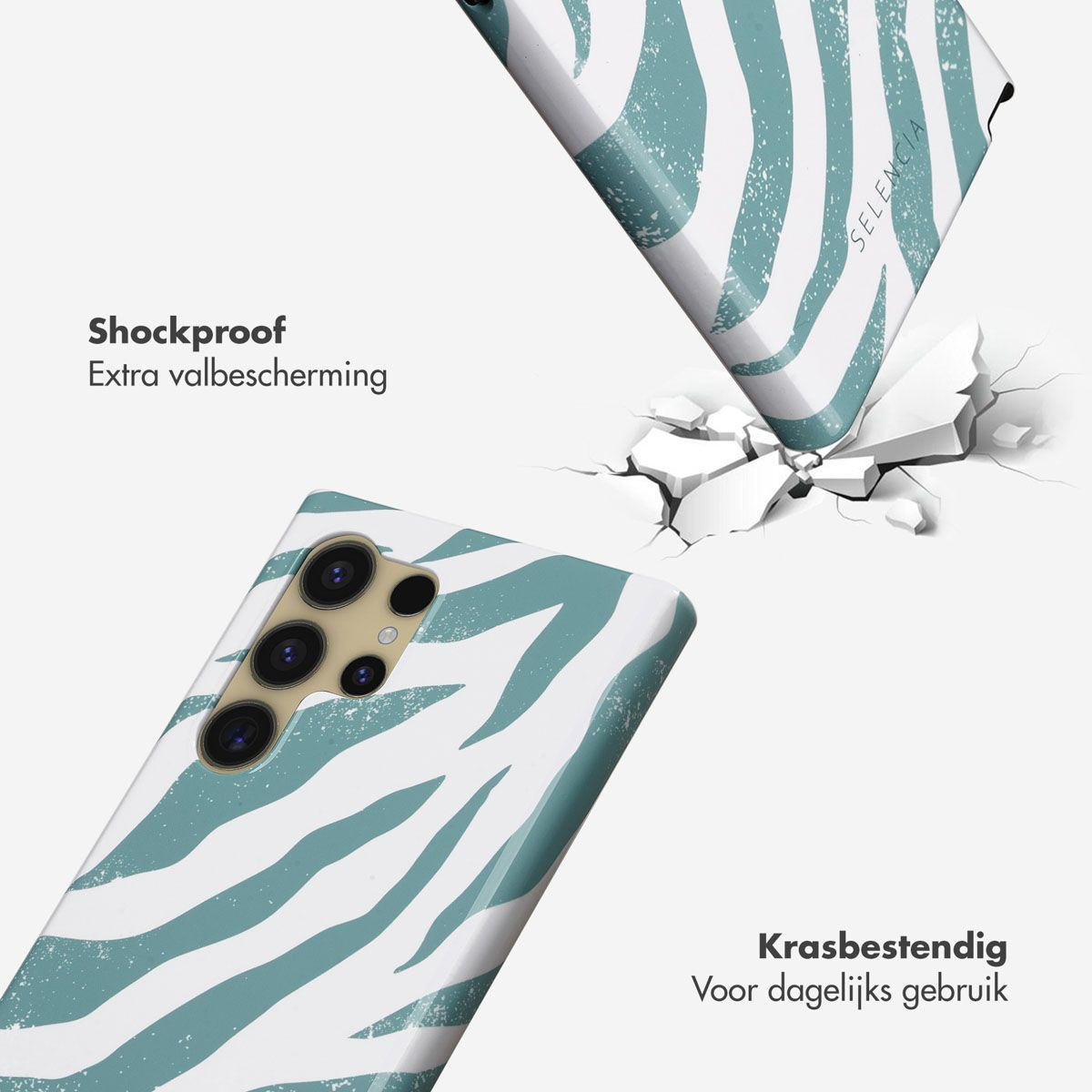 Twee telefoonhoesjes met een zebra streep patroon worden getoond. Eén breekt een oppervlak. Tekst geeft schokbestendigheid en krasbestendigheid aan.