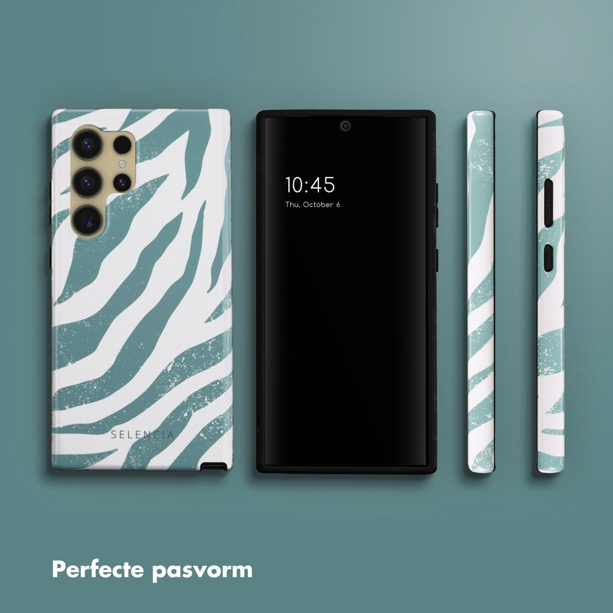 Een telefoon en hoesjes met zebra-achtig patroon. Telefoon toont tijd 10:45. Hoesjes en telefoon op een turquoise achtergrond.