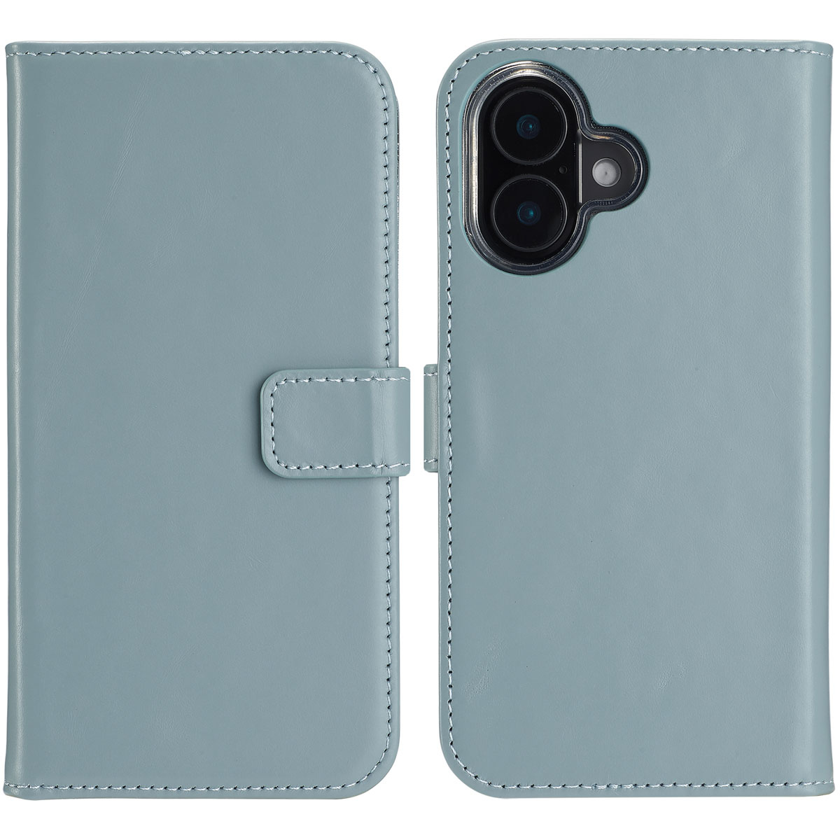 Een lichtblauwe telefoonhoes, open. De linkerkant heeft een flap met een sluiting. De rechterkant toont telefooncamera's.