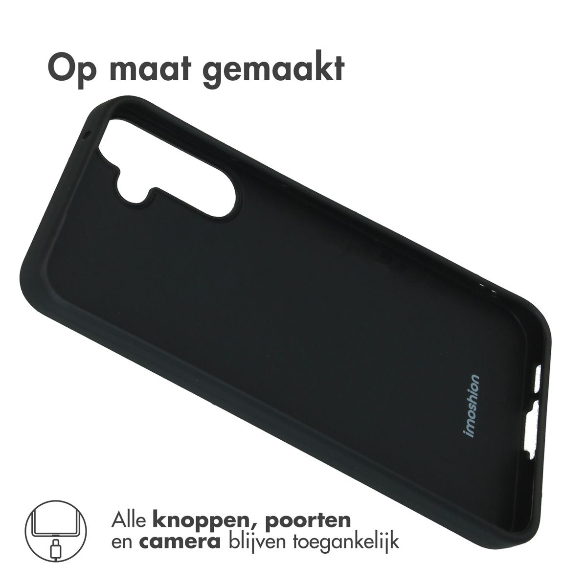 Coque de téléphone noire avec découpes pour boutons et caméra. En haut : 'Op maat gemaakt', en bas : 'Alle knoppen...'