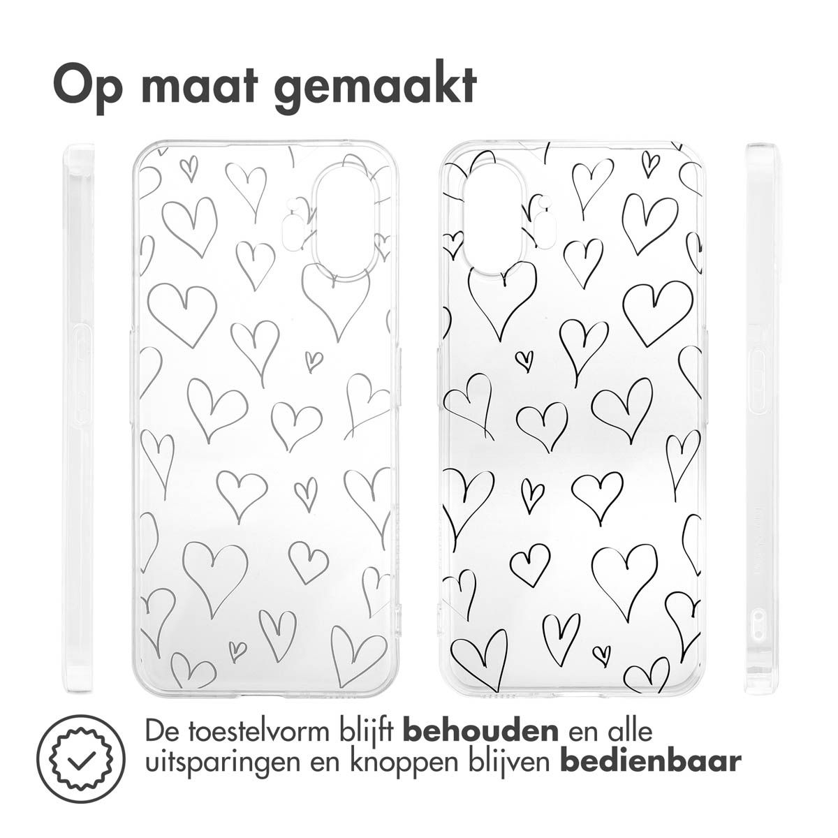 Transparante telefoonhoesjes met zwarte hart doodles. Tekst: 'Op maat gemaakt' en 'De toestelvorm blijft behouden'.
