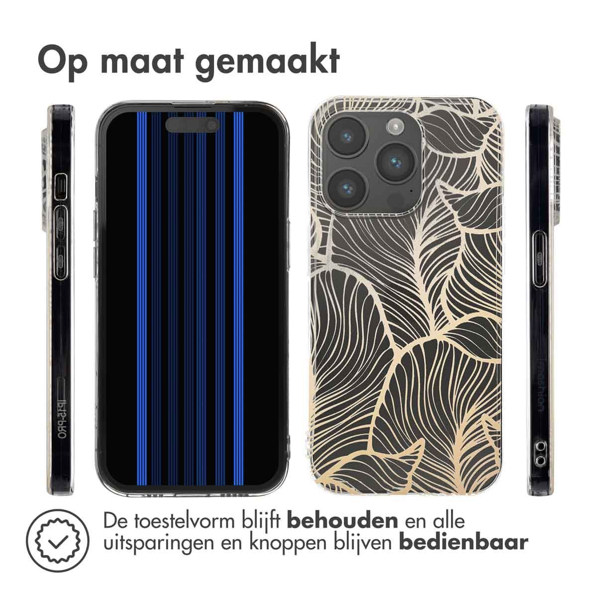 Drie telefoonhoesjes: één met blauwe strepen, één met een gouden bladerdesign en twee zijaanzichten. Tekst: Op maat gemaakt, De toestelvorm blijft behouden.