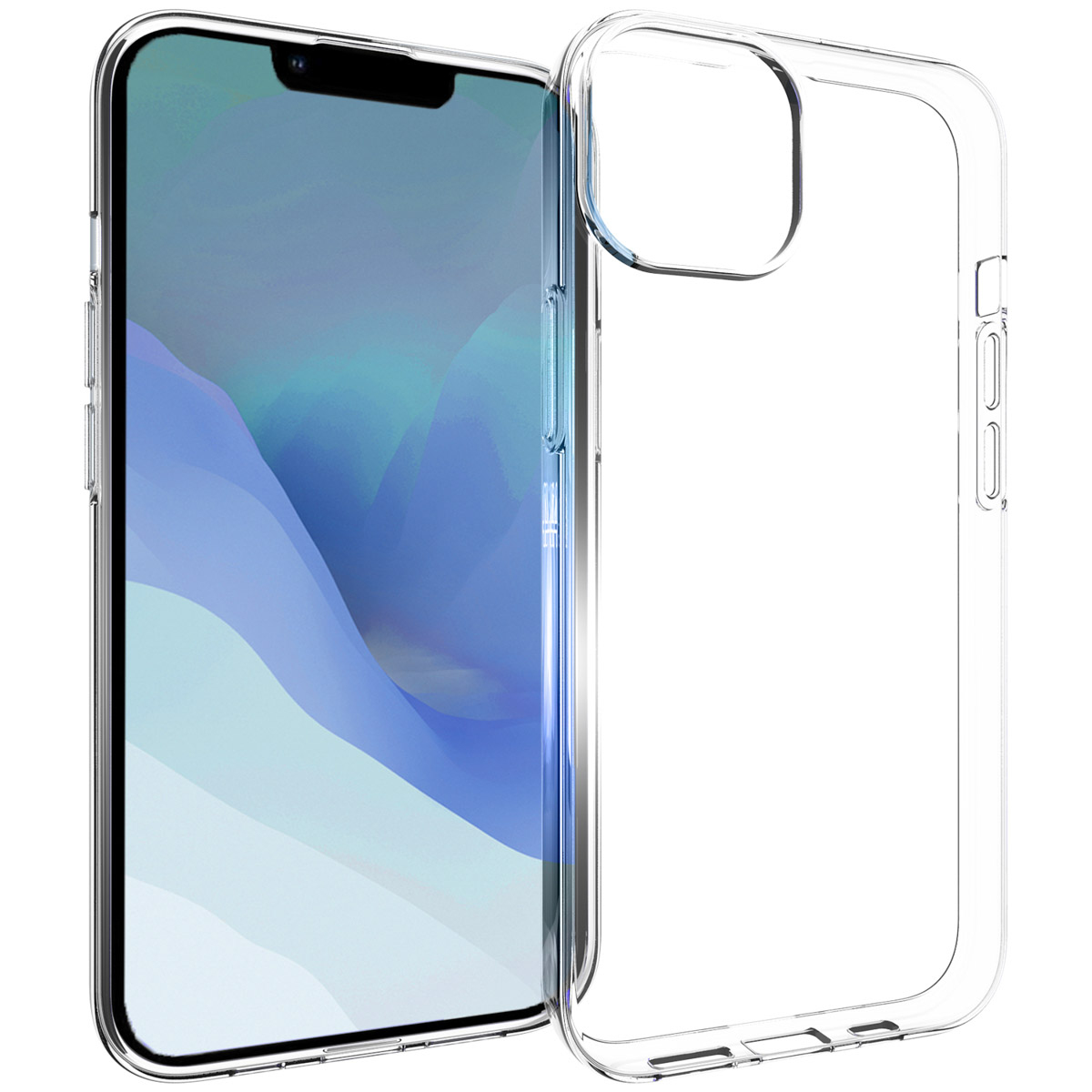 Una custodia trasparente per telefono accanto a uno smartphone con uno sfondo astratto blu e bianco. La custodia è vuota.
