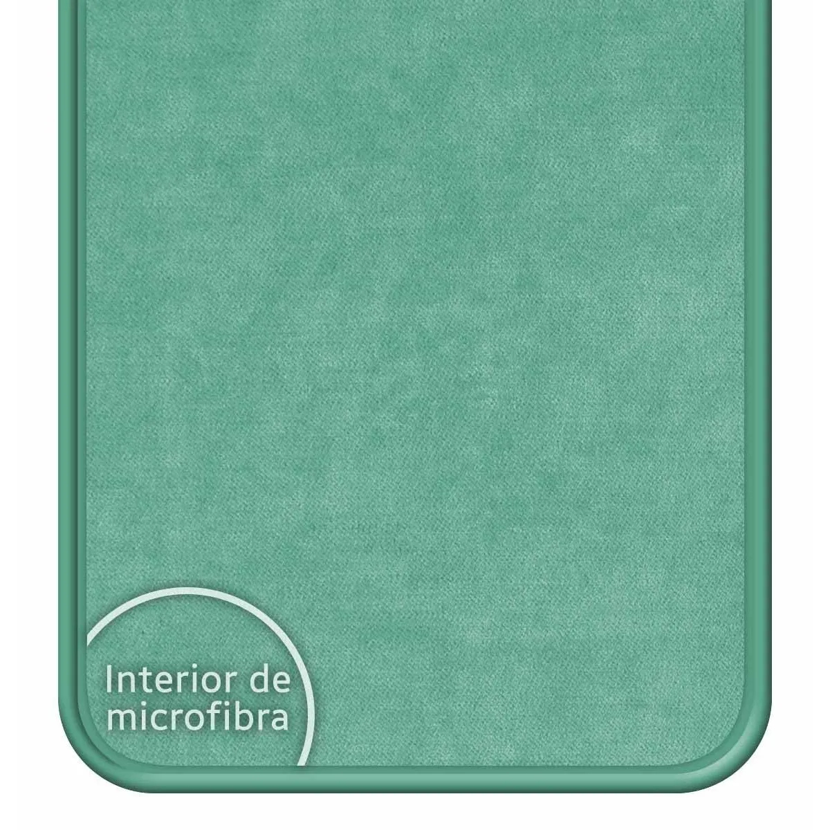 Primer plano de una textura de microfibra color verde azulado. Un marco verde rodea la textura. Texto: 'Interior de microfibra'.