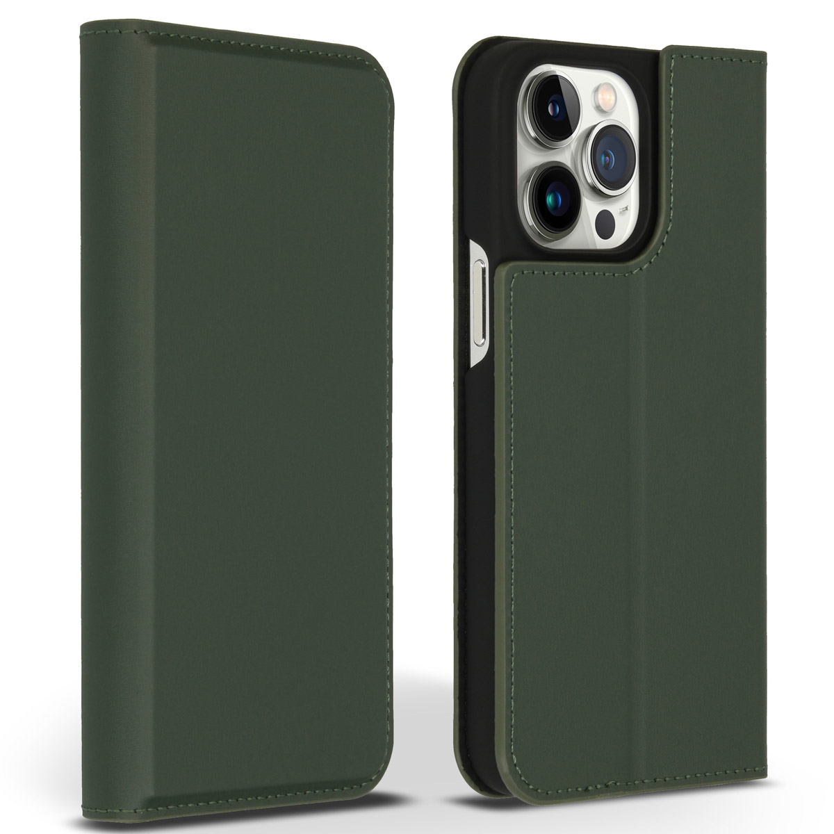 Una custodia per telefono verde oliva con copertura a ribalta è mostrata aperta, mostrando le lenti della fotocamera del telefono e un interno nero.