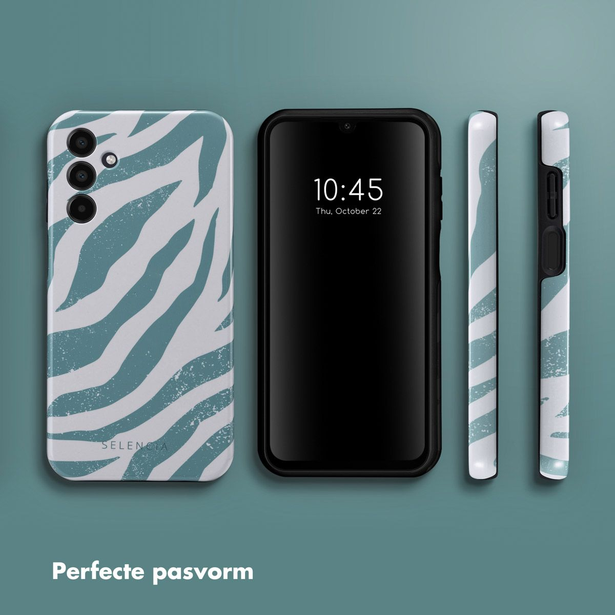 Een telefoon en hoesjes met zebraprint. Telefoon toont 10:45 op het scherm. Hoesjes hebben turquoise en witte strepen. Turquoise achtergrond.