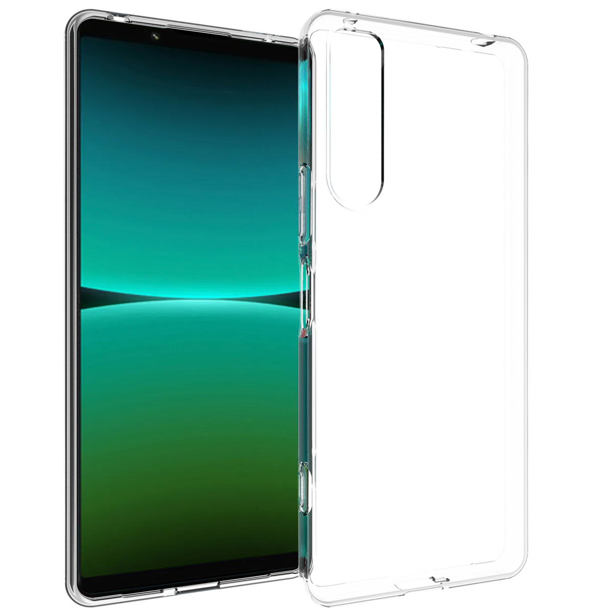 Een smartphone met een groen en blauw gradiënt scherm ligt naast een transparante telefoonhoes.