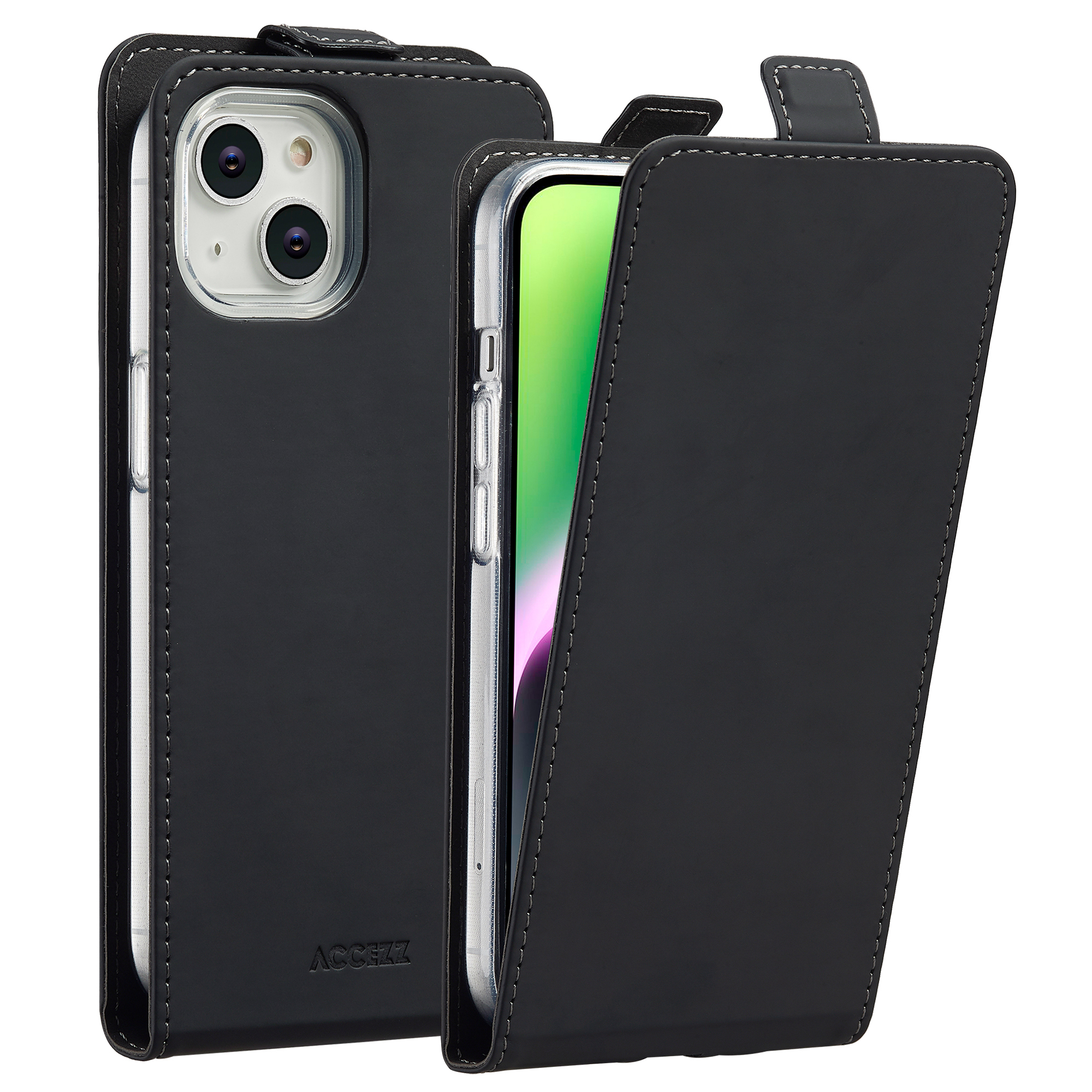 Étui de téléphone en cuir noir avec coutures blanches, ouvert pour révéler un téléphone avec écran vert.