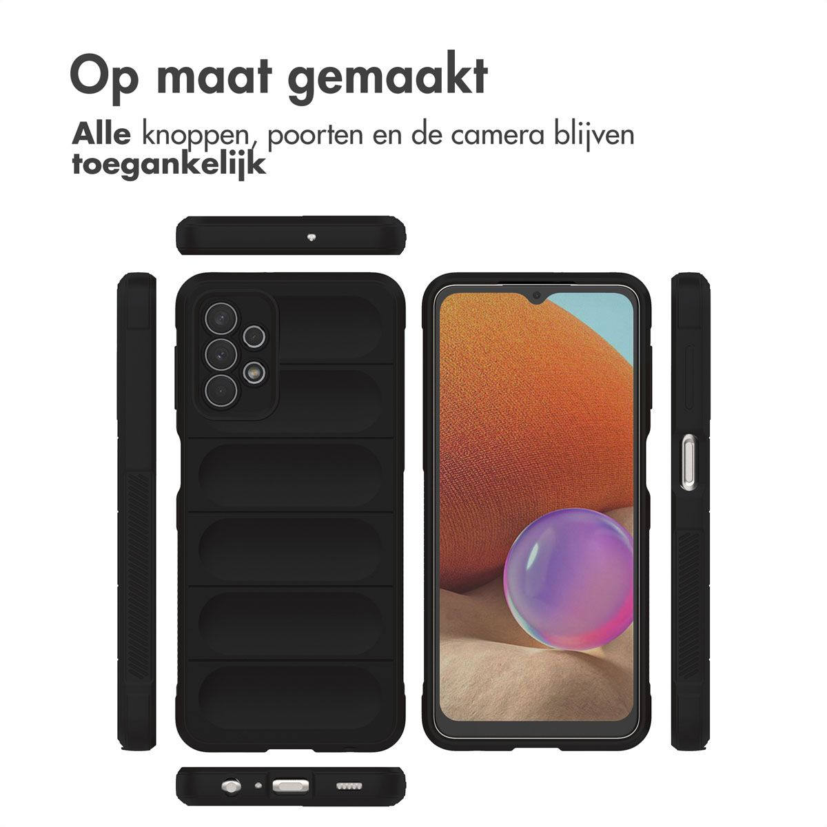 Coque de téléphone noire avec téléphone à l'intérieur. Texte: 'Op maat gemaakt'. Le téléphone affiche image colorée.