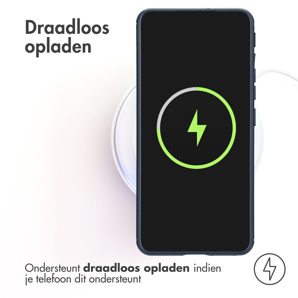 Un téléphone se recharge sans fil sur un socle. L'écran du téléphone affiche un symbole d'éclair. Le texte indique 'Chargement sans fil'.