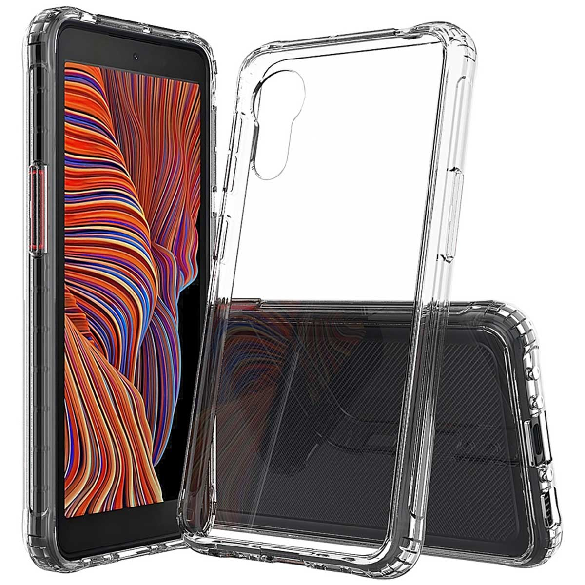 Een smartphone in een doorzichtige beschermhoes. Het scherm toont een kleurrijk abstract patroon. Een andere doorzichtige hoes staat ernaast.