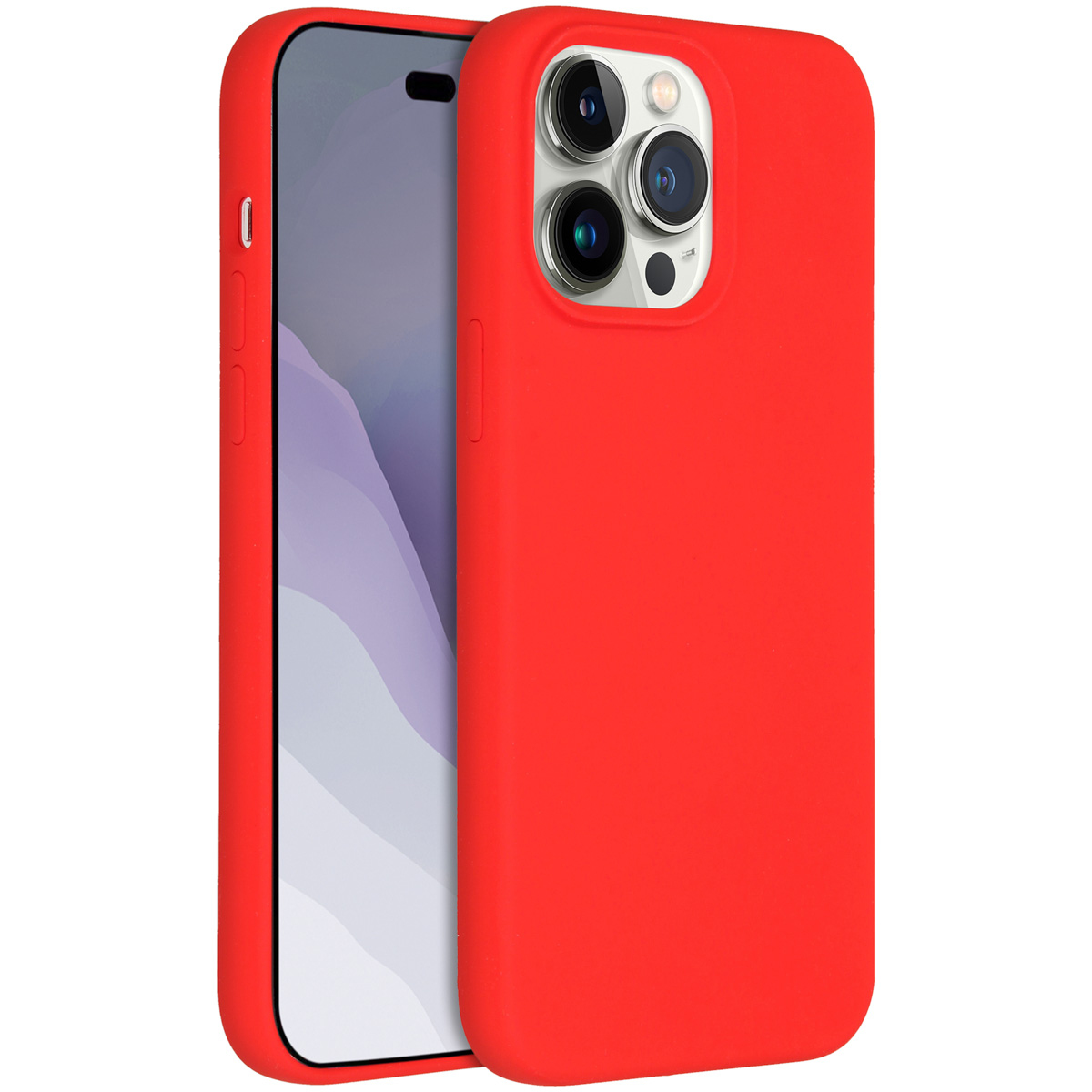 Une coque de téléphone rouge recouvre partiellement un téléphone. Le téléphone a un écran et la coque des découpes caméra.