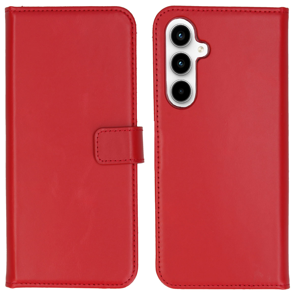 Een rode leren telefoonhoes, met flap en magnetische sluiting. De hoes is open en toont de telefoonhouder en de camera-array.