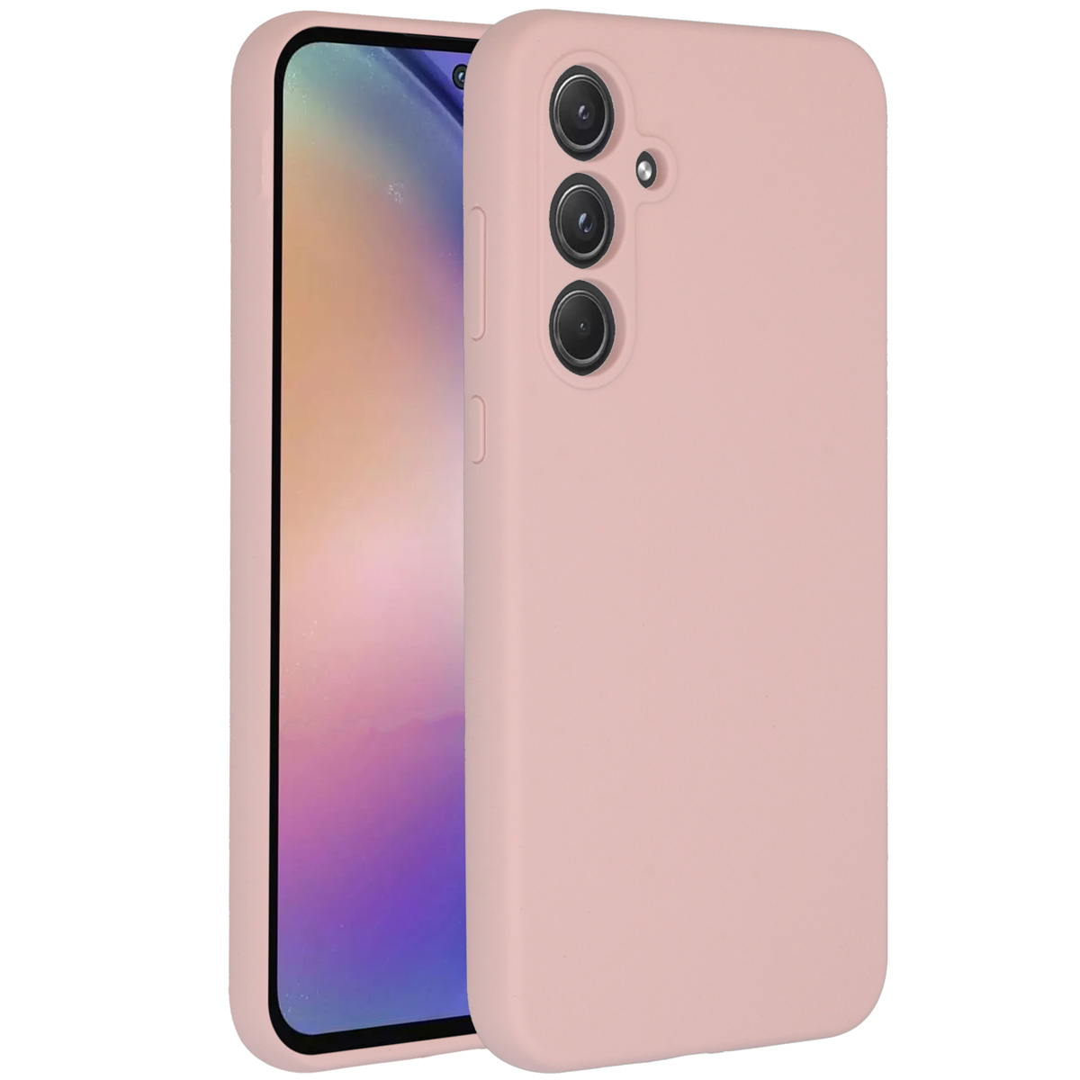 Une coque de téléphone rose avec un téléphone à l'intérieur. La coque a trois trous pour l'appareil photo et un bouton d'alimentation. L'écran affiche des couleurs.