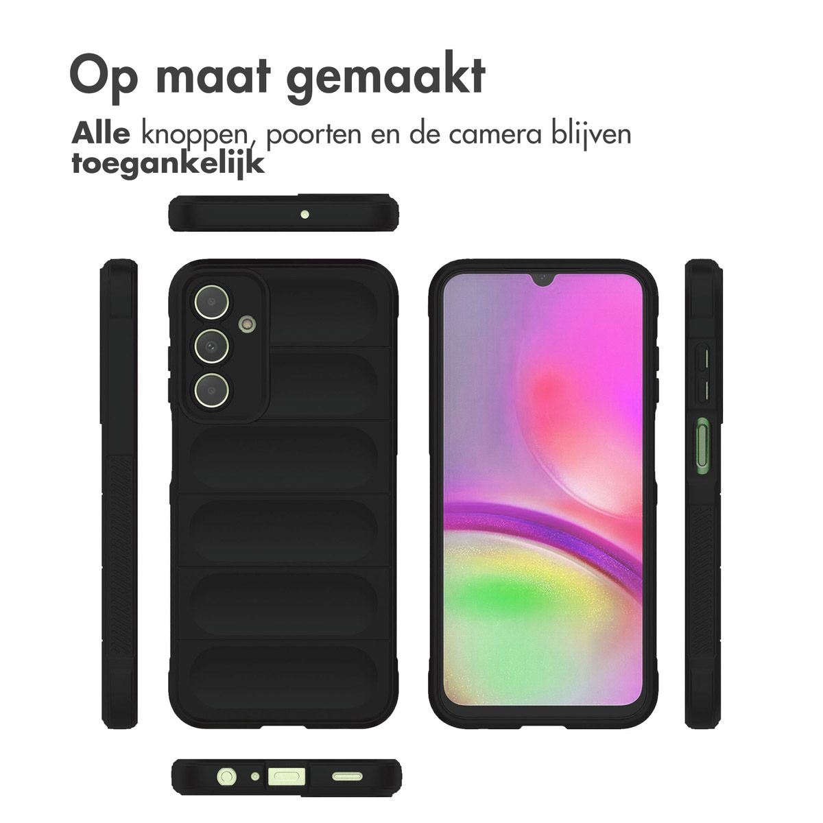 Coque de téléphone noire avec découpes pour appareil photo et ports, montrée avec un téléphone. Texte néerlandais en haut.