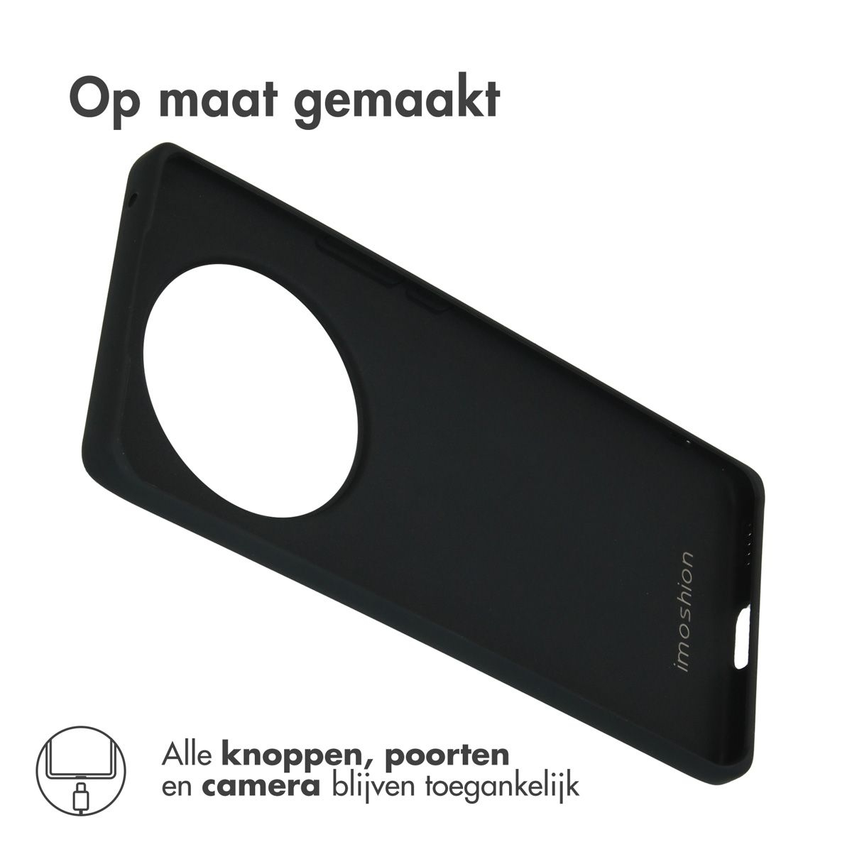 Coque de téléphone noire avec une grande découpe circulaire, inclinée. Le texte en haut indique 'Op maat gemaakt'. Le texte en bas décrit les caractéristiques.