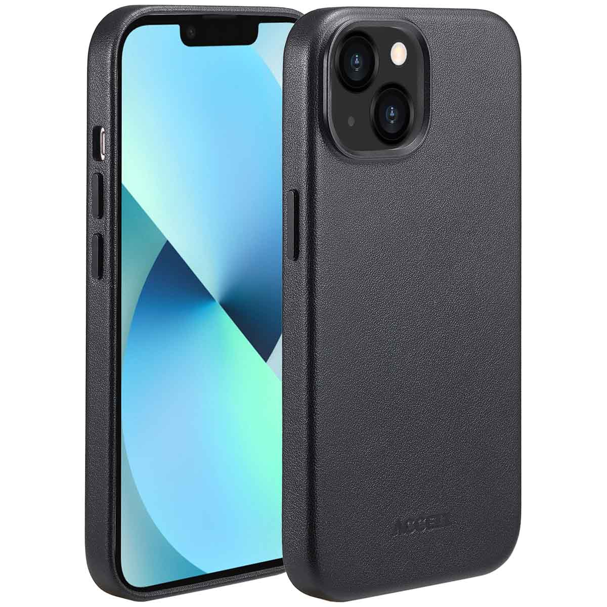 Twee zwarte iPhone-hoesjes met een telefoon erin. De telefoon heeft een blauw verlopend scherm. De hoesjes hebben een gestructureerd oppervlak.