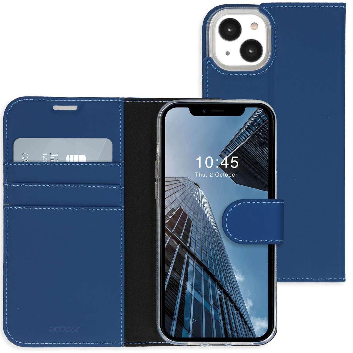 Blauwe telefoonhoes met een telefoon met een afbeelding van een gebouw. Creditcard in een gleuf. De weergegeven tijd is 10:45.