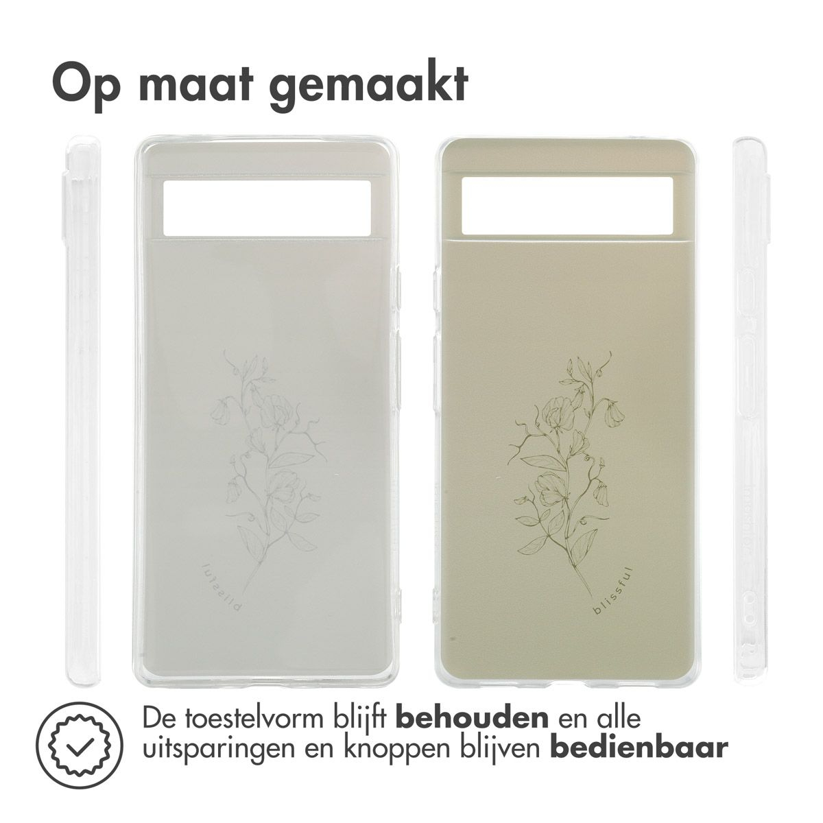 Twee telefoonhoesjes met bloemmotieven. De tekst luidt 'Op maat gemaakt' en 'De toestelvorm blijft behouden en alle uitsparingen en knoppen blijven bedienbaar'.