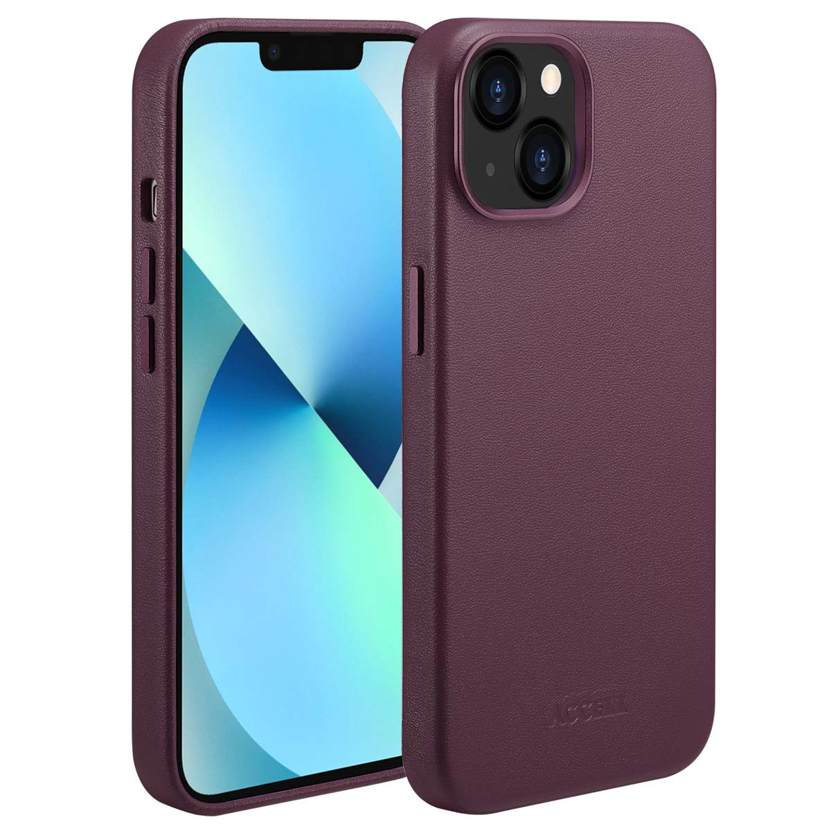 Een telefoon in een pruimkleurige hoes. Het scherm toont een blauw en wit abstract ontwerp. De hoes heeft een gestructureerd oppervlak.