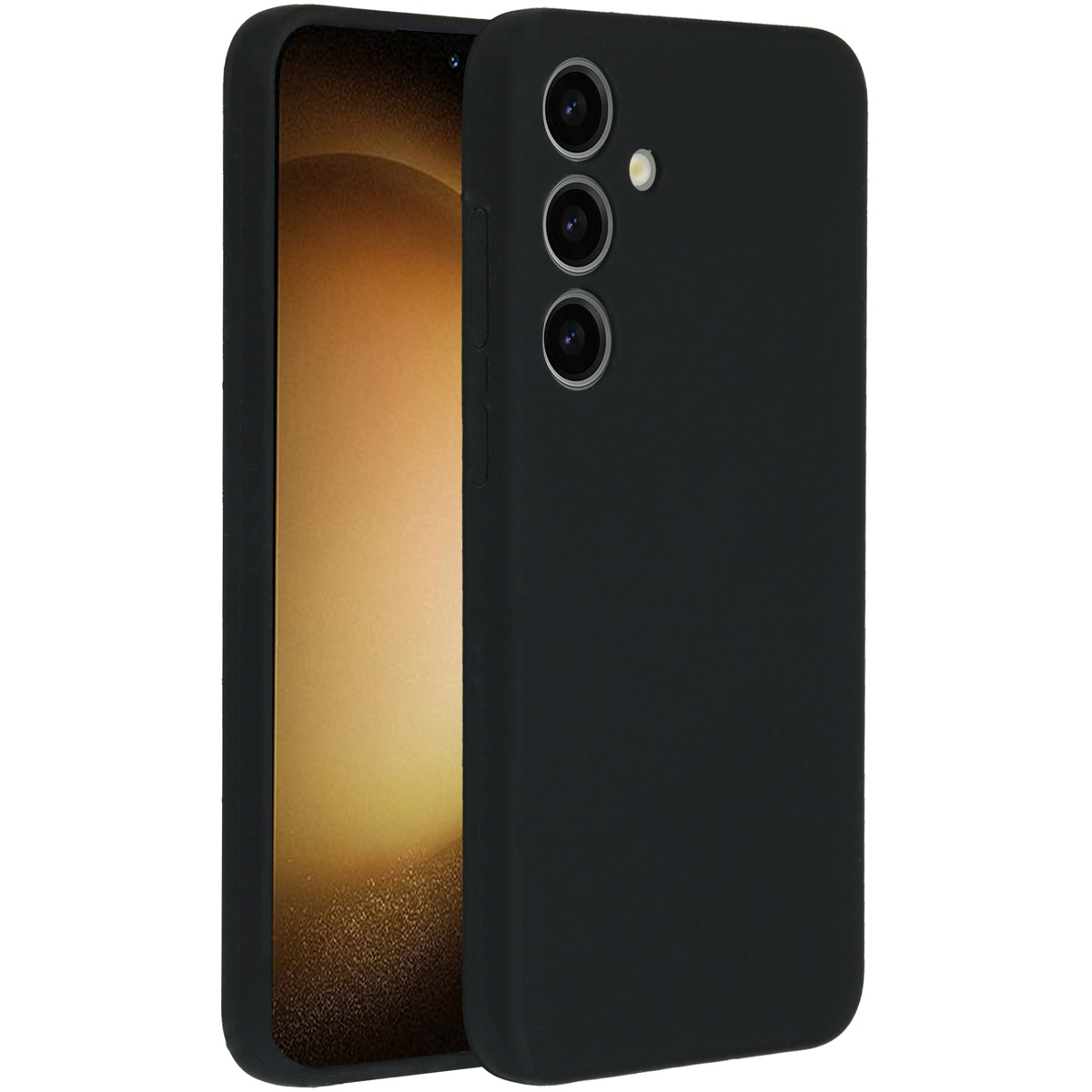 Un étui de téléphone noir avec un téléphone à l'intérieur. L'étui comporte trois lentilles d'appareil photo. L'écran du téléphone affiche une couleur dorée.