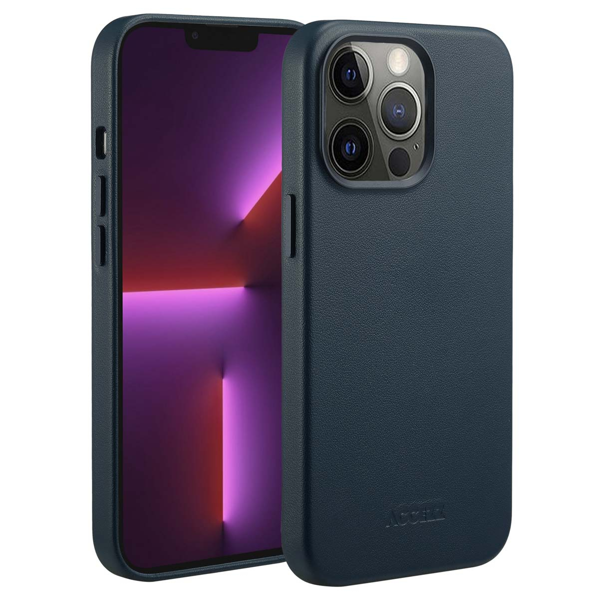 Un étui de téléphone bleu foncé à côté d'un téléphone avec un écran violet et rouge. L'étui a une surface texturée et une découpe pour l'appareil photo.
