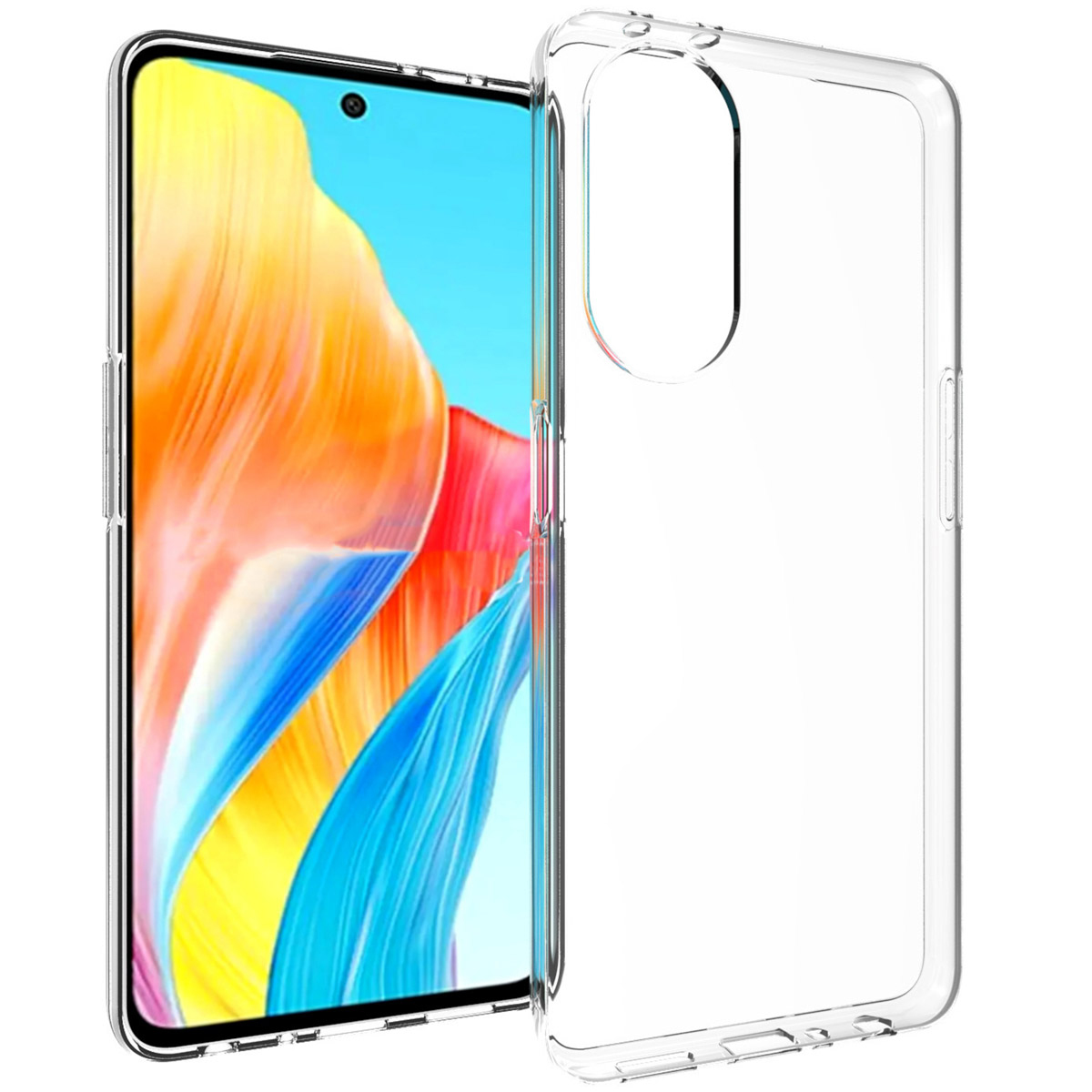 Un smartphone avec écran coloré et une coque de téléphone transparente.