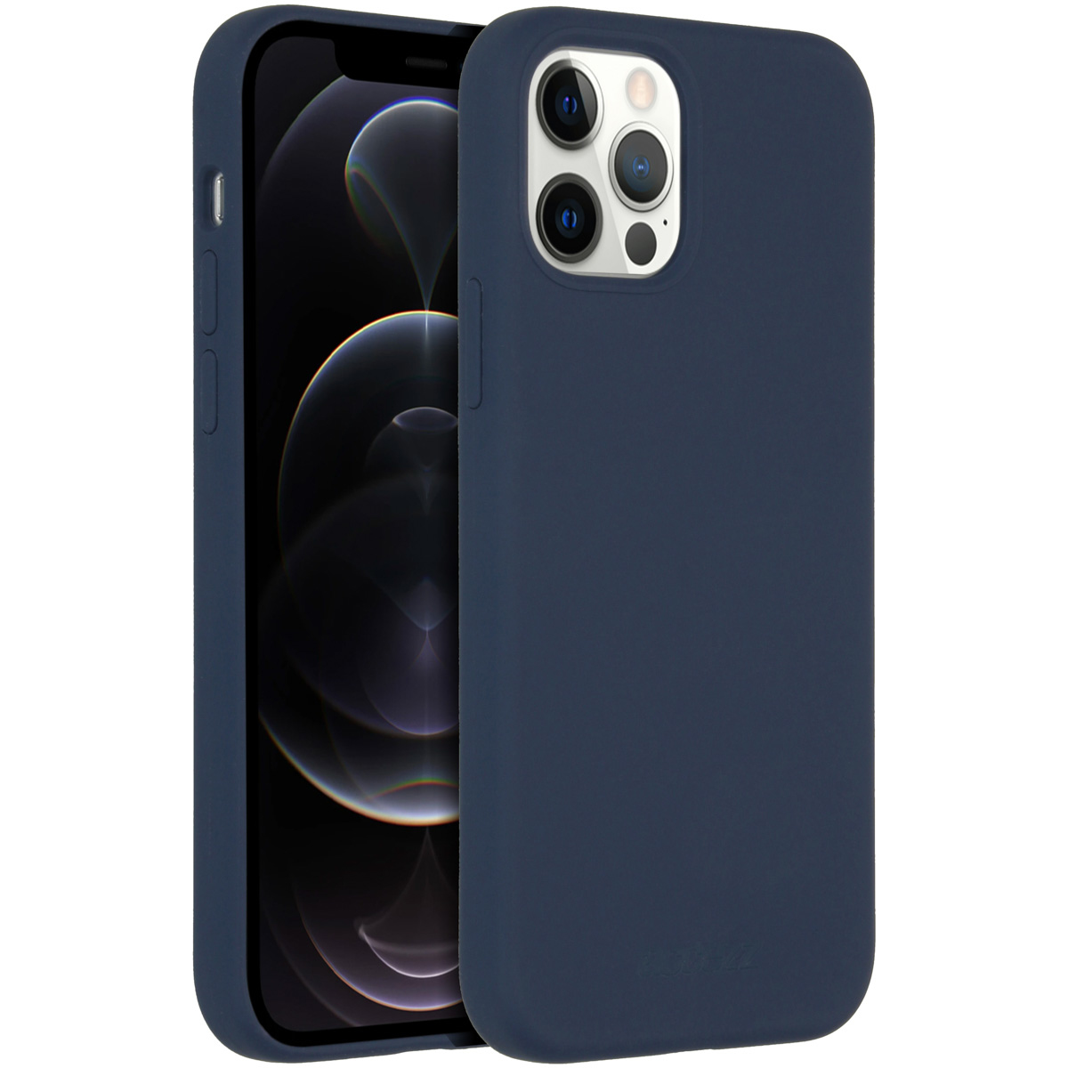 Een marineblauwe telefoonhoes wordt getoond, die gedeeltelijk een zwarte telefoon bedekt. De telefoon heeft een camerabult. De achtergrond is wit.