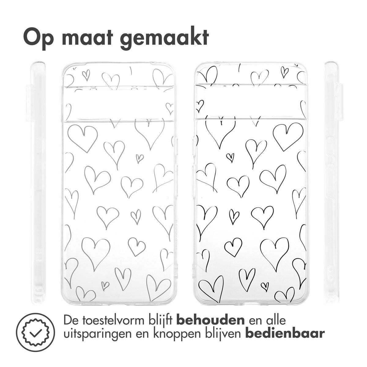 Twee telefoonhoesjes met hartjeskrabbels. Tekst: 'Op maat gemaakt'. Onderschrift: 'De vorm van het toestel blijft behouden en alle uitsparingen blijven'.