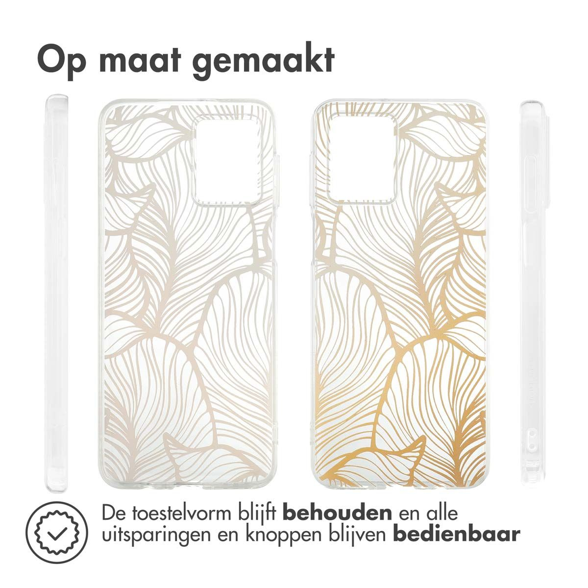 Twee telefoonhoesjes met bladerpatronen. Tekst: 'Op maat gemaakt'. Tekst onderaan: 'De toestelvorm blijft behouden'.