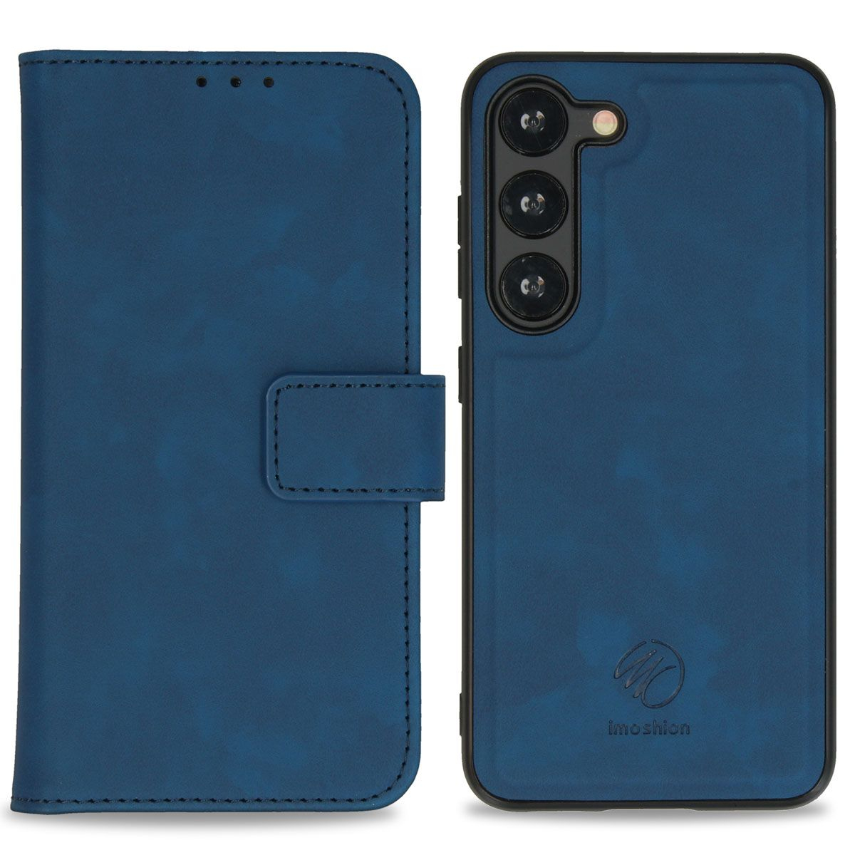 Blauwe telefoonhoes met een portemonnee-achtige cover. De telefoon heeft een drievoudige cameralens. Het merk 'imoshiion' is zichtbaar.