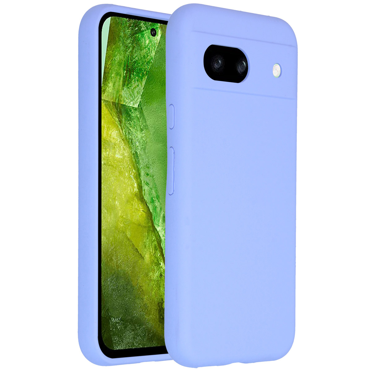 Een lichtpaarse telefoonhoes met een telefoon erin. Het scherm van de telefoon toont groen. De hoes heeft camera gaten en knoppen.