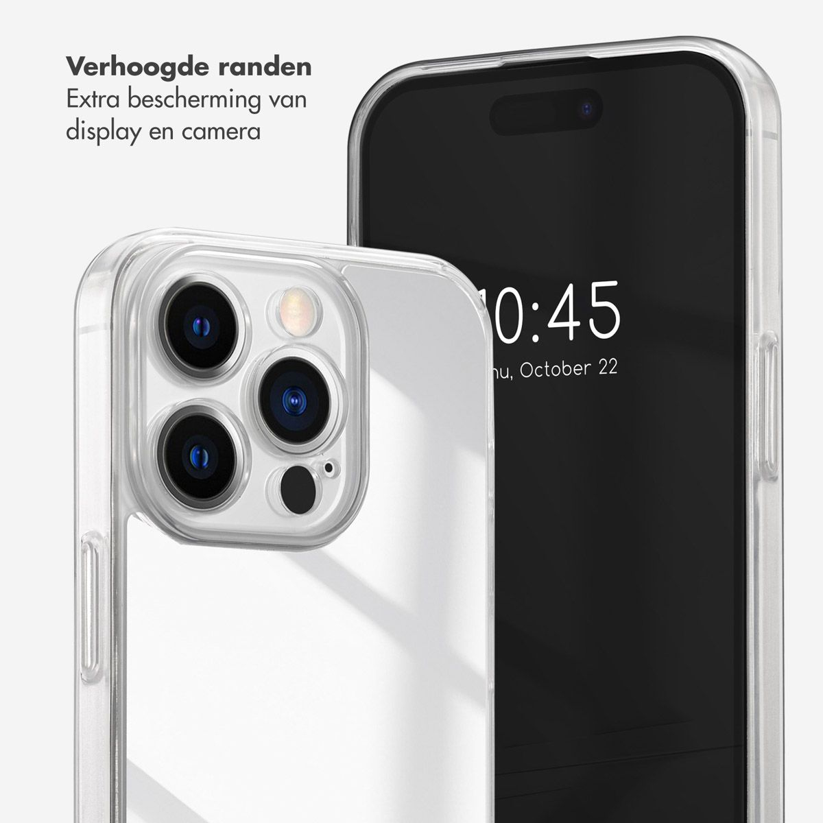 Een telefoon in een doorzichtige hoes toont 10:45. De hoes heeft verhoogde randen voor extra bescherming.