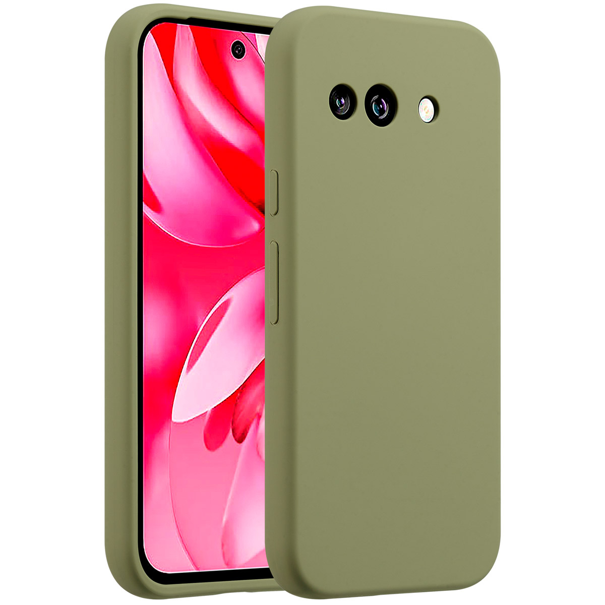 Olijfgroene telefoonhoes met een telefoon erin. De telefoon heeft een rode achtergrond. De hoes heeft drie cameragaten en knoppen aan de zijkant.