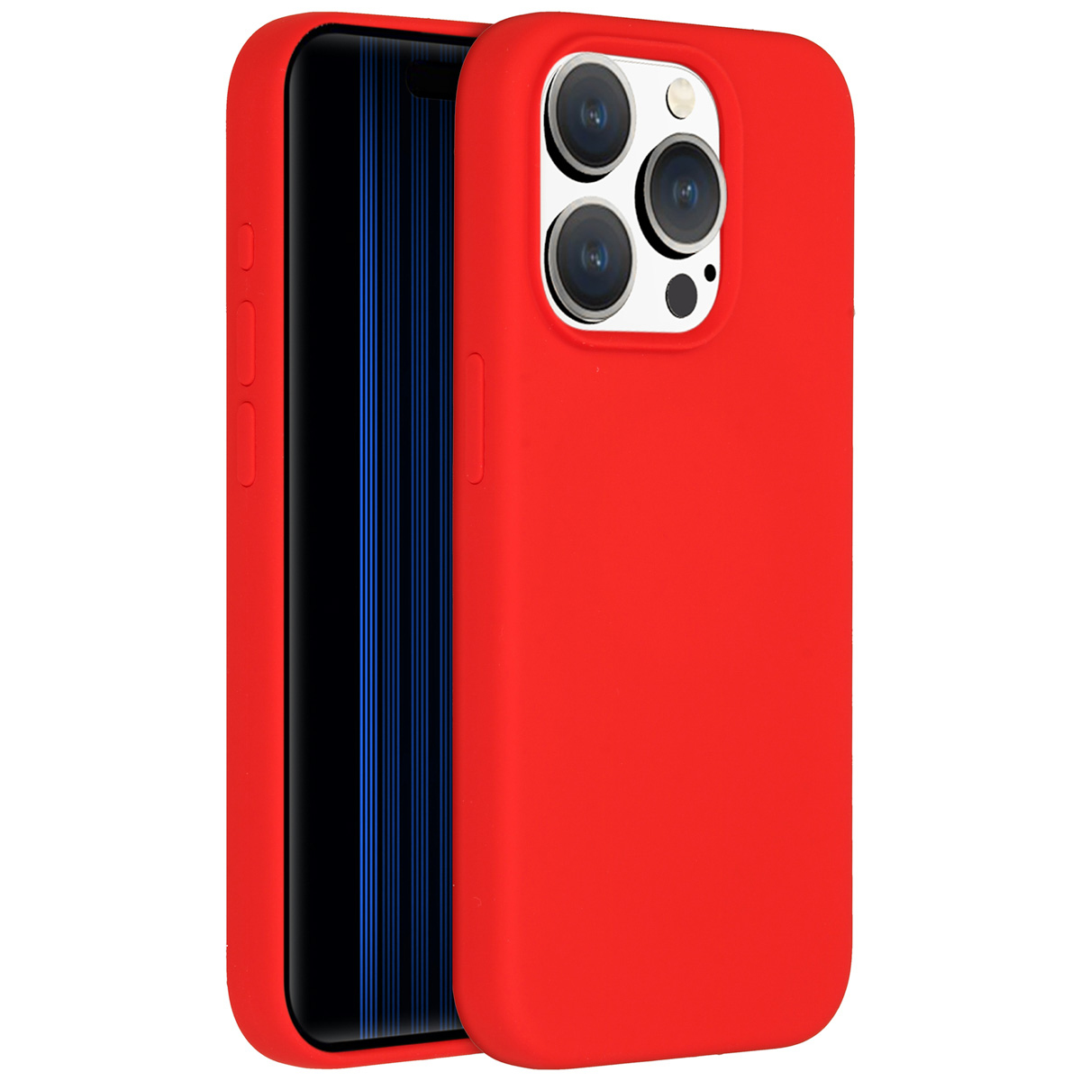 Eine rote Handyhülle mit einem Handy darin. Der Bildschirm ist schwarz mit blauen vertikalen Linien. Die Hülle hat Kameraausschnitte.