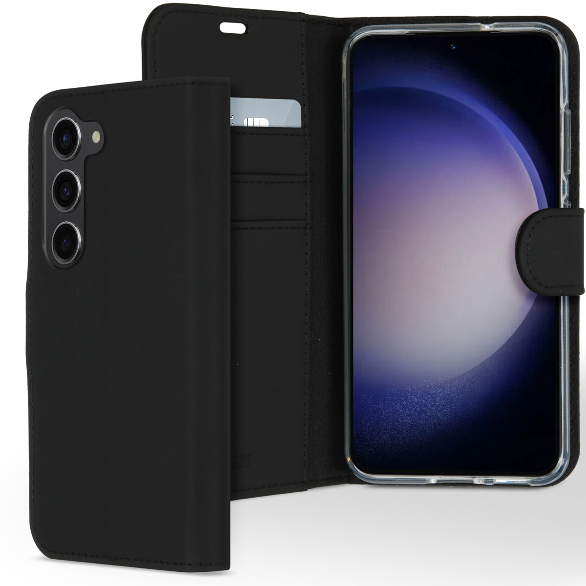 Étui de téléphone noir avec un téléphone à l'intérieur. L'étui est ouvert, révélant une fente pour carte de crédit. Le téléphone a un écran.