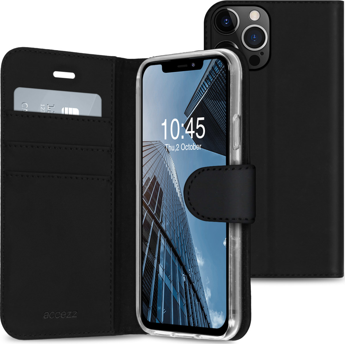 Étui de téléphone noir avec un téléphone à l'intérieur. Le téléphone affiche le reflet d'un bâtiment. Une carte de crédit est là.