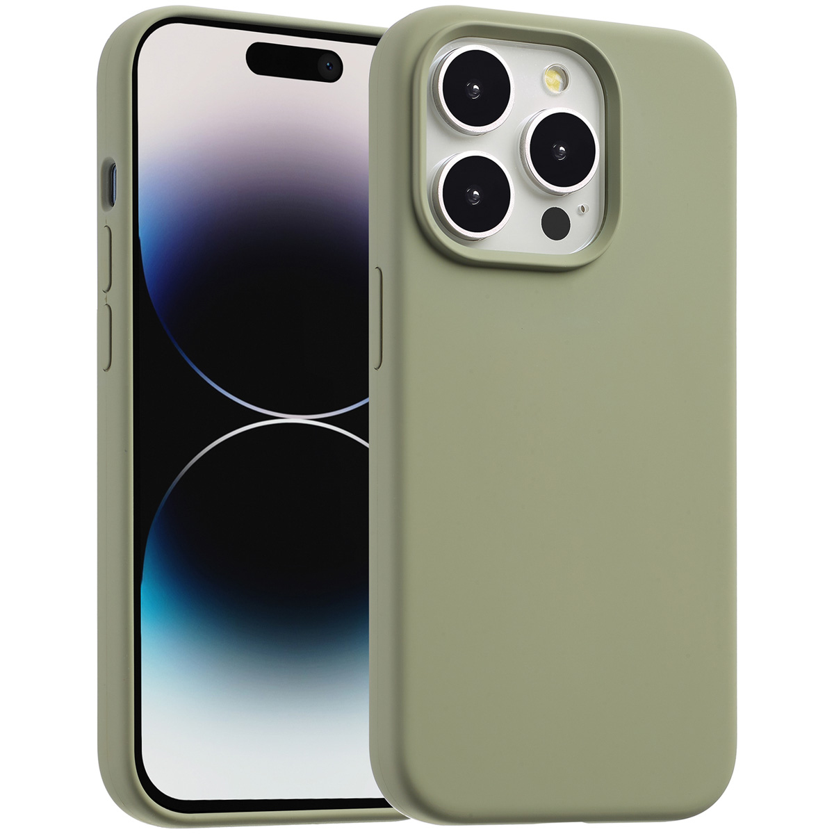 Een olijfgroene telefoonhoes naast een smartphone. De telefoon toont een zwart-wit scherm.