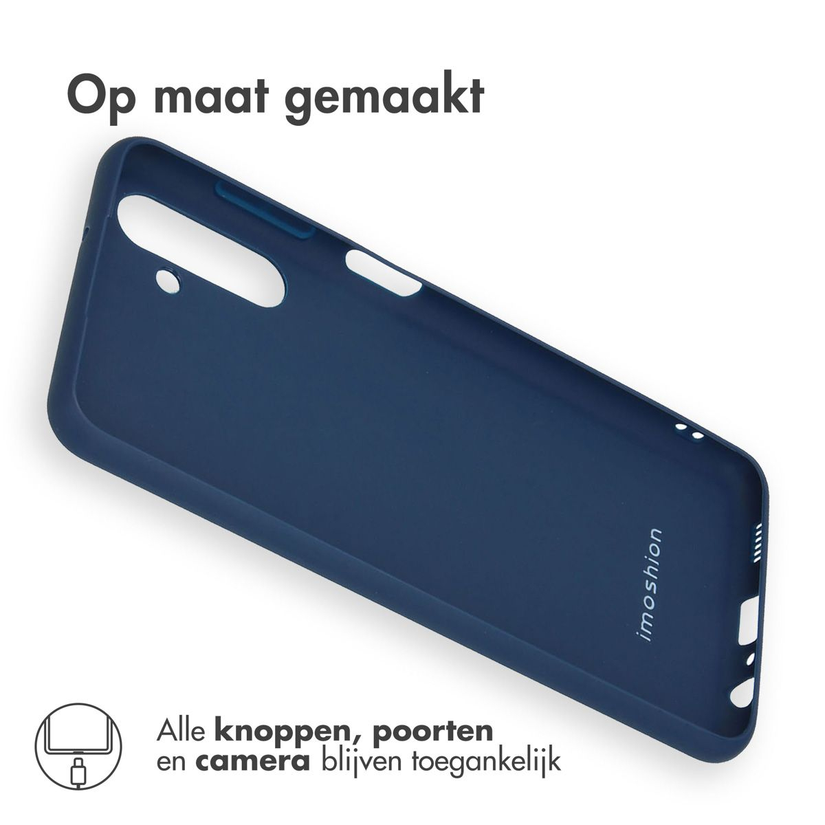 Donkerblauwe telefoonhoes op witte ondergrond. Tekst: 'Op maat gemaakt' en 'Alle knoppen, poorten en camera blijven toegankelijk'.