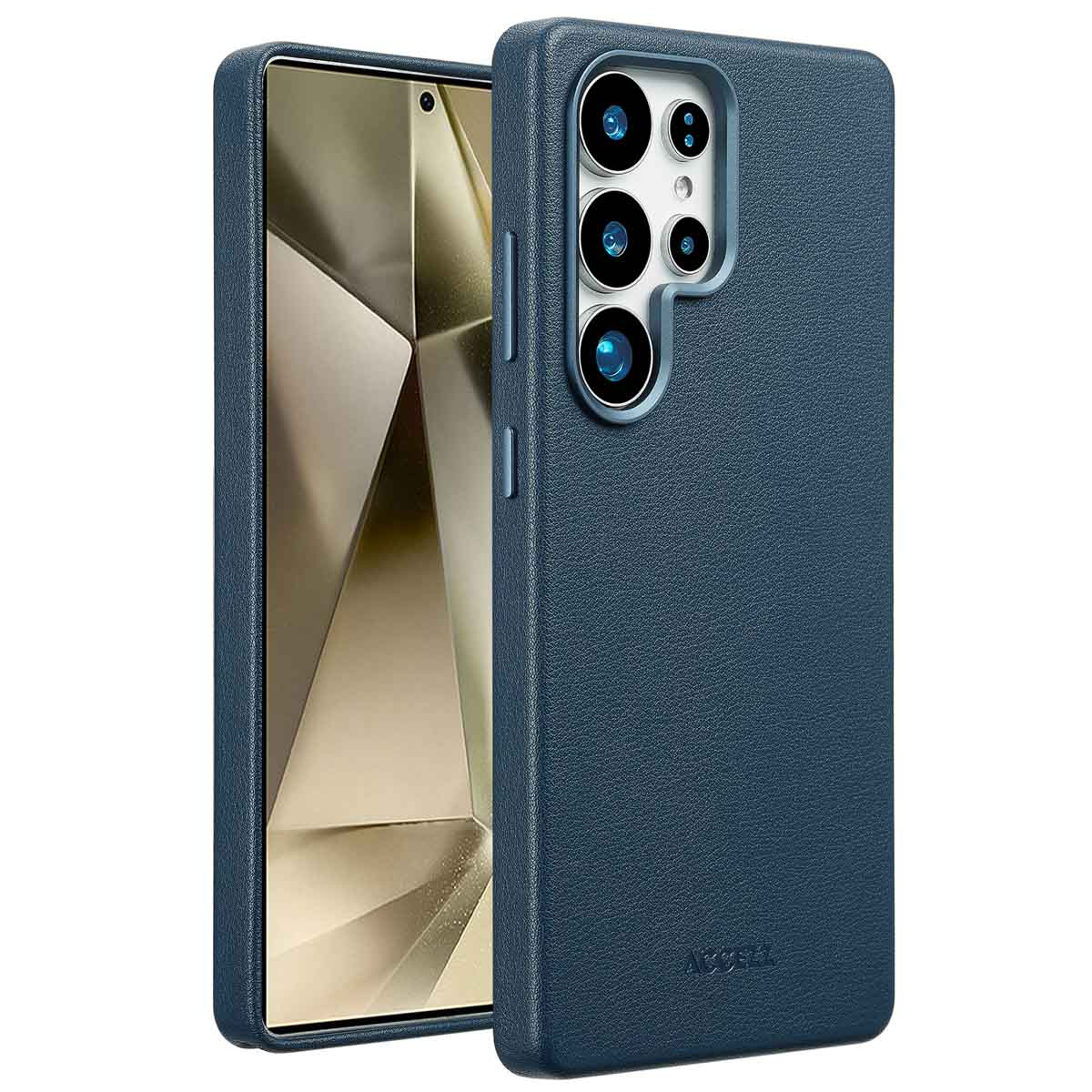 Een donkerblauwe telefoonhoes naast een telefoon. De hoes heeft een textuuroppervlak en uitsparingen voor de camera en knoppen.