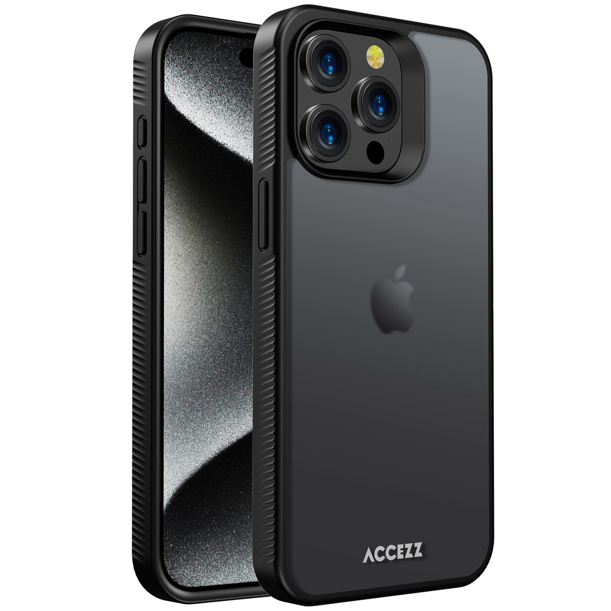 iPhone nero con custodia protettiva. La custodia ha un telaio nero e un retro trasparente, con il logo ACCEZZ.