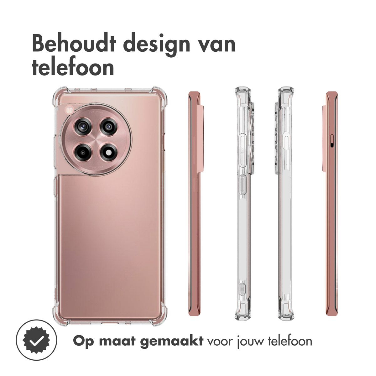 Un telefono in una custodia oro rosa è mostrato, con diverse altre custodie accanto. Testo in olandese: 'Mantiene il design del telefono'.