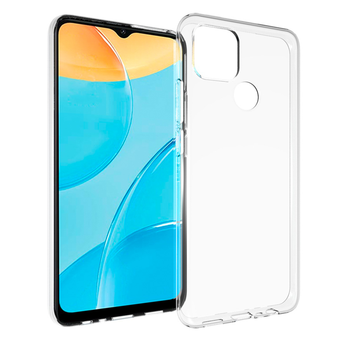 Een smartphone met een doorzichtige beschermhoes. Het scherm toont oranje en blauwe abstracte vormen. De hoes is transparant.