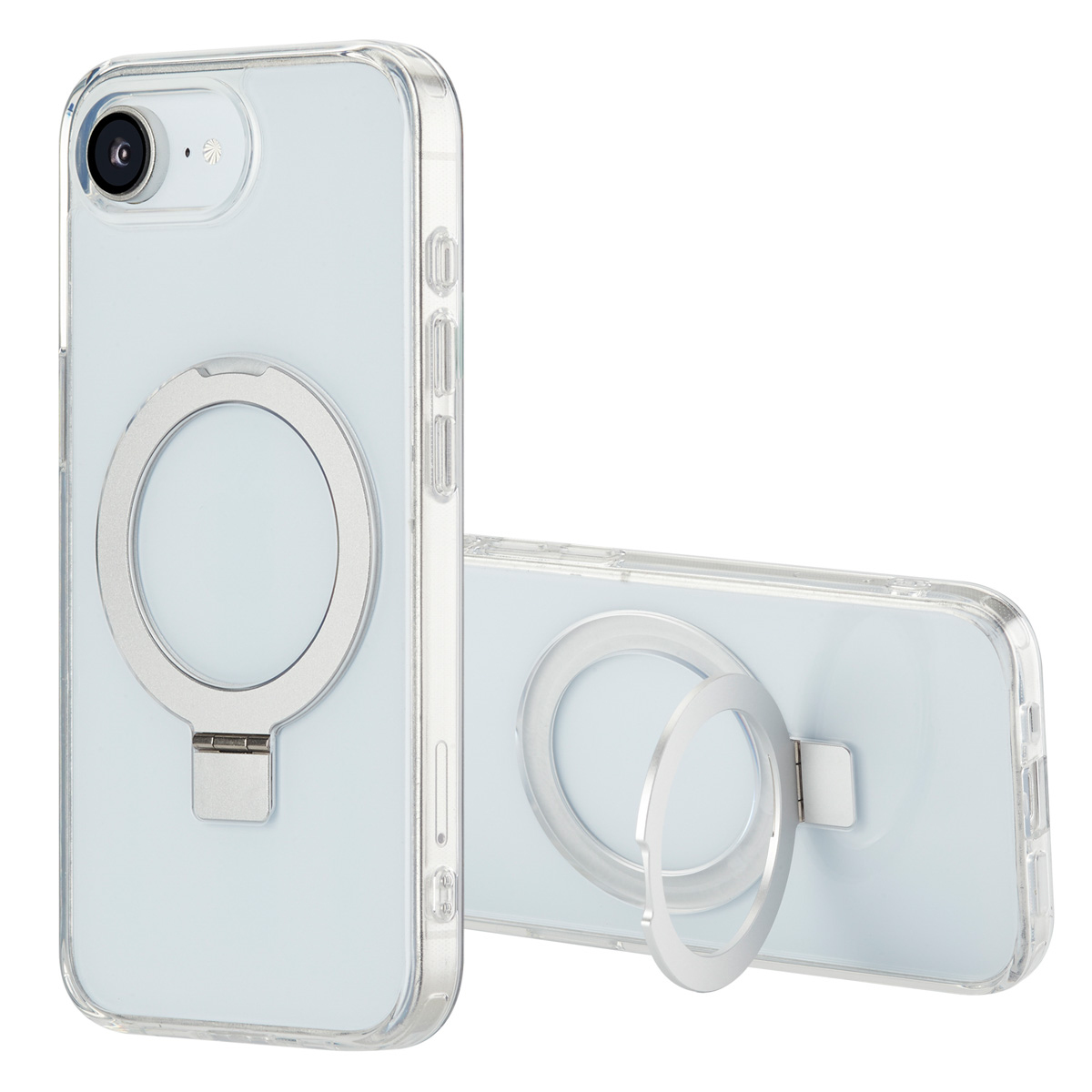 Deux coques de téléphone transparentes avec des anneaux argentés. Un téléphone est debout, l'autre est couché.