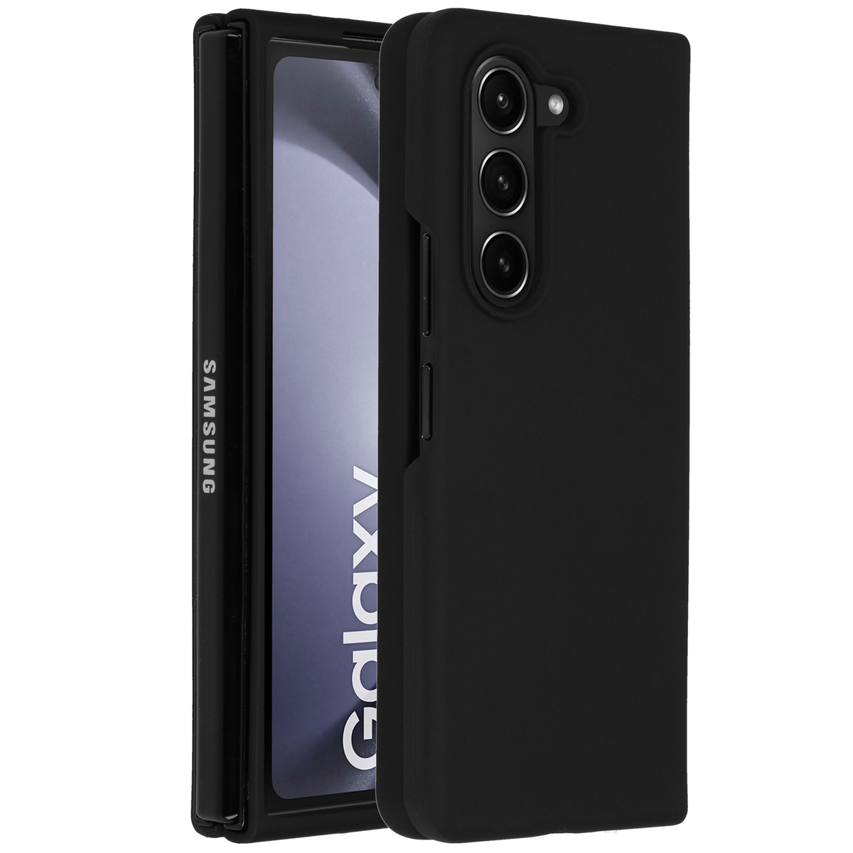 Ein schwarzes Samsung Galaxy-Telefon in einer schwarzen Hülle, teilweise geöffnet, mit dem Galaxy-Logo auf dem Bildschirm.