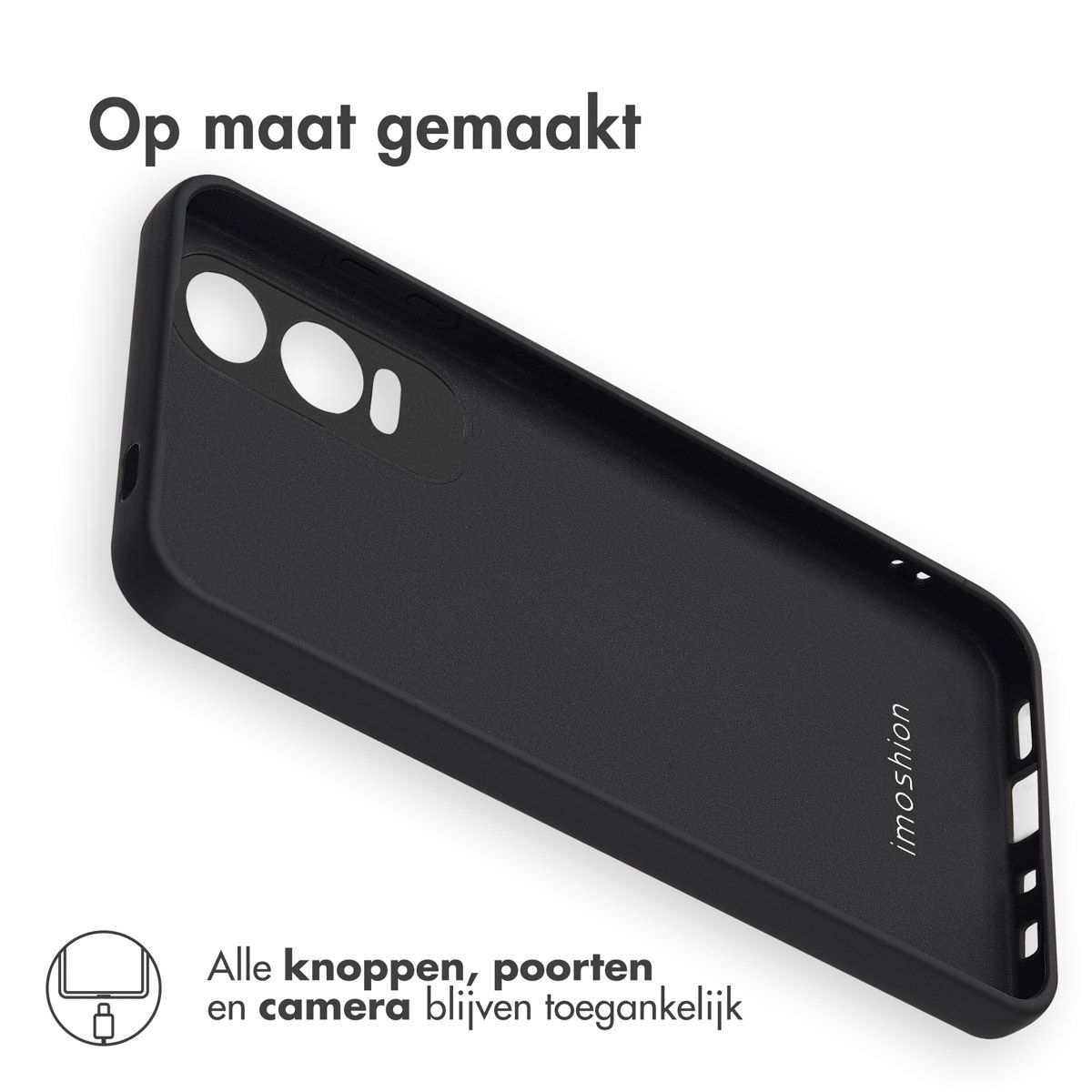 Una funda negra con recortes para botones y cámara. Arriba dice 'Op maat gemaakt'. Abajo dice 'Alle knoppen...'.