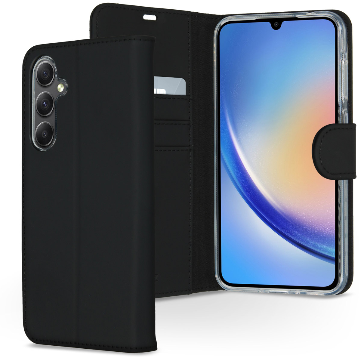 Un étui de téléphone noir avec un téléphone à l'intérieur. L'étui est ouvert, montrant l'écran et les fentes pour cartes.